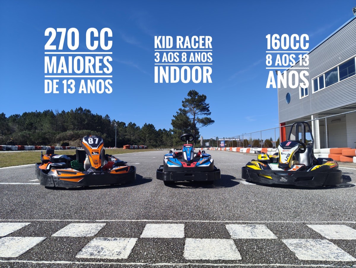 Modelos de Karts disponíveis no Kartódromo VNP: Kart 270cc para maiores de 13 anos, Kid Racer para crianças dos 3 aos 8 anos, e Kart 160cc para idades dos 8 aos 13 anos.